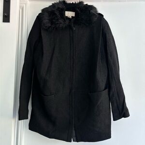 H&M Black Women's Pea Coat with Faux Fur Trim